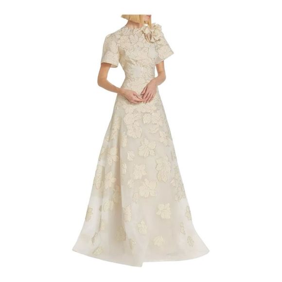 ❌❌ Sold Teri Jon by Rickie Freeman Ivory and Gold Floral Jacquard A-line Gown - Picture 4 of 12